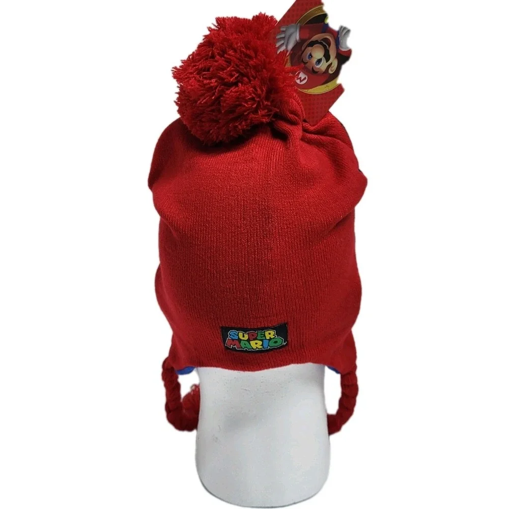 Nintendo Super Mario Red Winter Beanie Hat w/ Ear Flaps & Pom Pom – One Size NWT